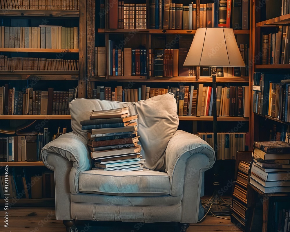 Cozy reading nook in a school library, featuring a stack of books, a comfortable chair, and soft lighting, inviting young students to explore knowledge and creativity in a peaceful Cozy reading nook in a school library, featuring a stack of books, a comfortable chair, and soft lighting, inviting young students to explore knowledge and creativity in a peaceful