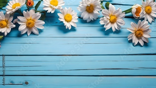 Summer flowers on blue wooden background © Tayyab