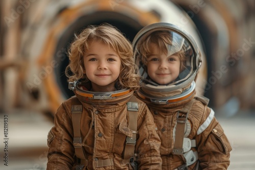 Two adorable children posing together in astronaut suits, embodying the spirit of teamwork and adventure