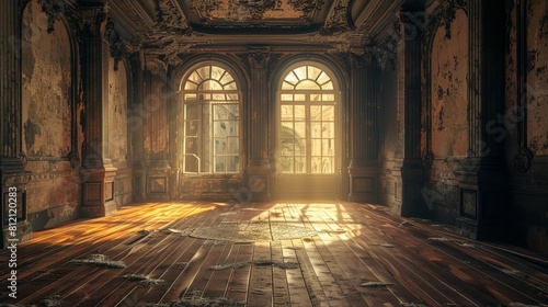 mysterious and opulent interior of an old abandoned mansion with ornate wooden floors and decaying walls 3d rendering