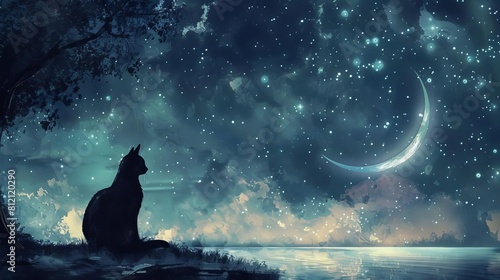mysterious black cat gazing at enchanting crescent moon in starry night sky whimsical fantasy illustration digital painting