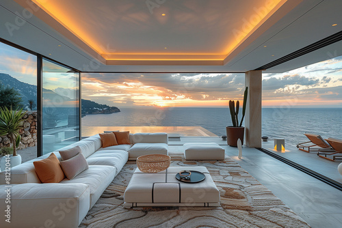 Luxurious seaside villa interior with panoramic ocean views  featuring modern design with glass and polished stone  highlighted by the tranquil glow of the setting sun.