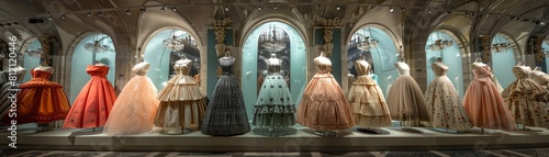 Previous era fashion exhibition at a museum, showcasing trends and styles from decades ago