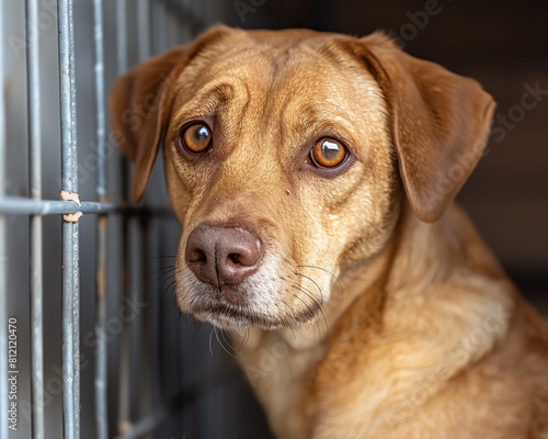Sad  abandoned dog in a shelter  eyes pleading for a home  tugging at heartstrings