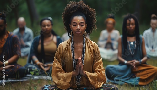 Spiritual gathering at a sacred site, diverse group of people connected in prayer and meditation photo