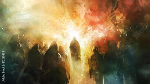 ethereal resurrection scene depicting jesus appearing to devoted followers atmospheric digital watercolor