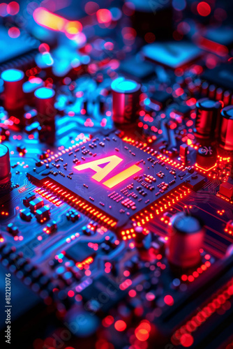 Abstract, AI and circuit board with connectivity for futuristic technology, innovation and digital transformation closeup. Electronics, computer and microchip system with hardware drive or server