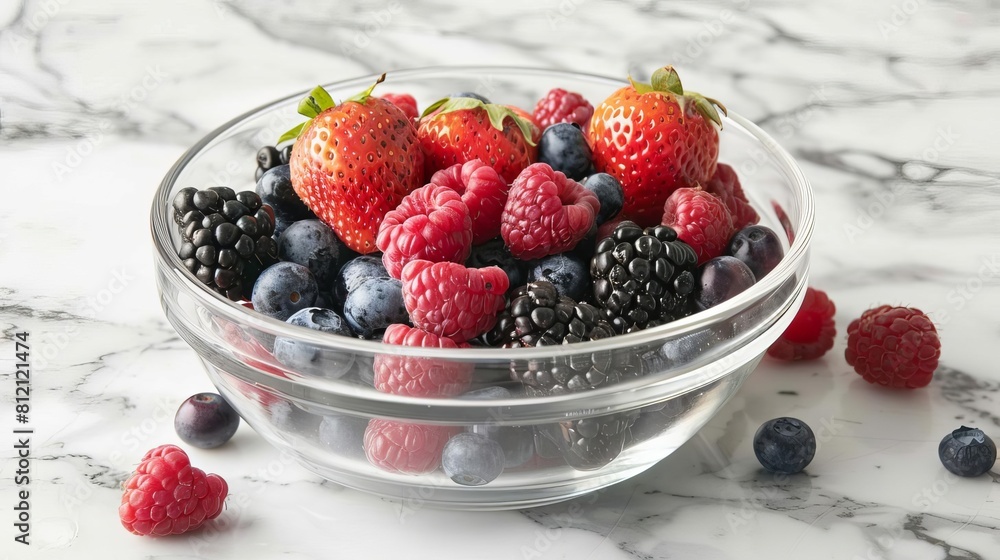 fresh mixed berries in glass bowl blackberries raspberries strawberries blueberries marble countertop fresh mixed berries in glass bowl blackberries raspberries strawberries blueberries marble countertop