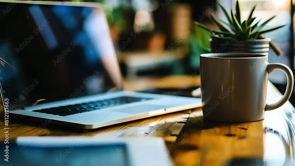 A laptop is placed on a wooden table with a cup of coffee. A cell phone is also on the table A laptop is placed on a wooden table with a cup of coffee. A cell phone is also on the table