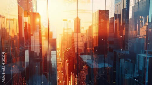 futuristic skyscrapers in modern smart city financial district reflective glass facades warm sunlight 3d illustration