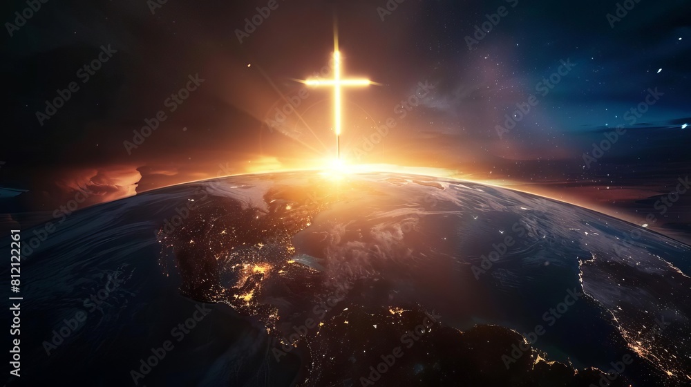 glowing cross rising above earth globe global christian mission concept digital illustration glowing cross rising above earth globe global christian mission concept digital illustration