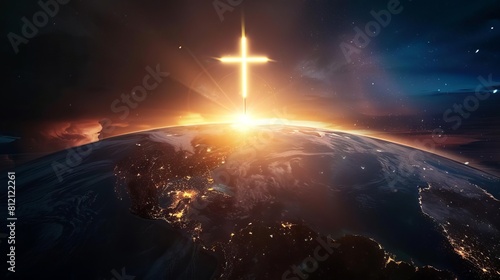 glowing cross rising above earth globe global christian mission concept digital illustration photo