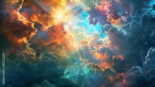 gods creation majestic heavens and earth depicted in vivid stormy sky with sun rays breaking through clouds digital painting