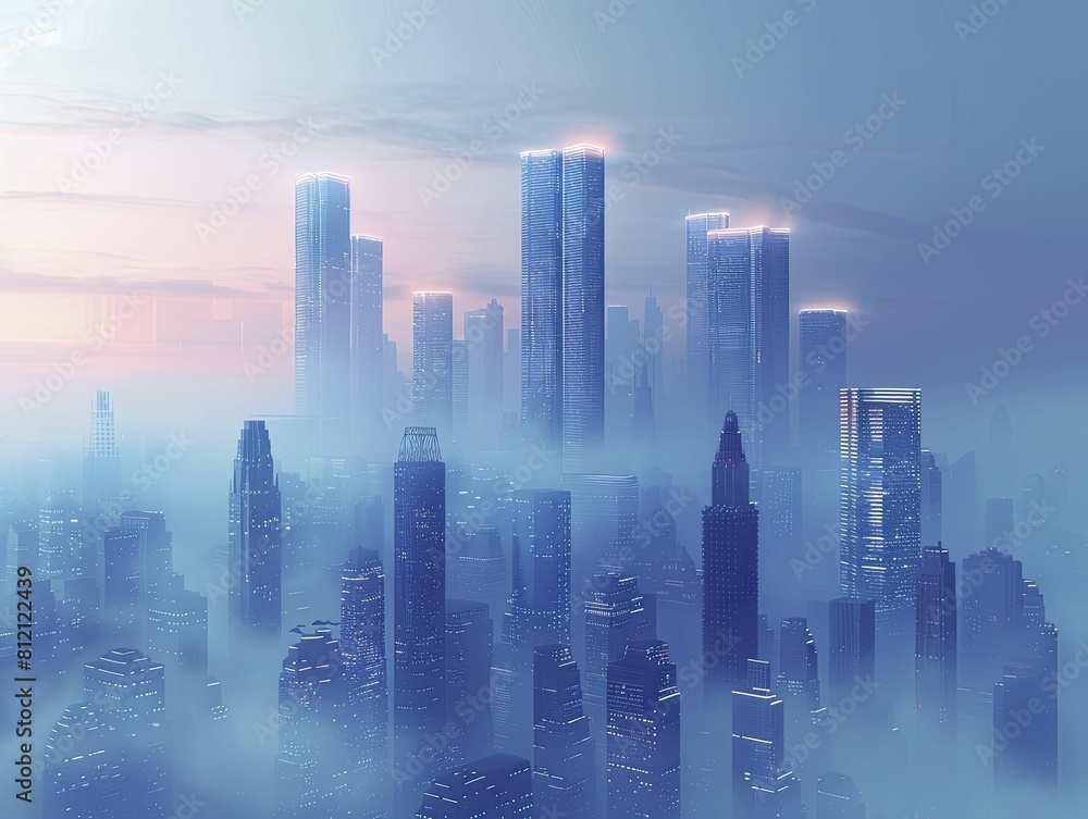 In the enigmatic cityscape, coin skyscrapers pierce the mist, embodying economic dominance and financial prowess.