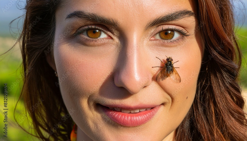 Close-up portrait of woman with big fly on face. Close-up portrait of woman with big fly on face.