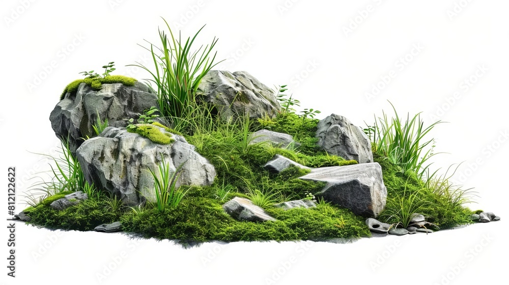 green moss with ornamental stones and grass isolated on white background natural cutout digital illustration