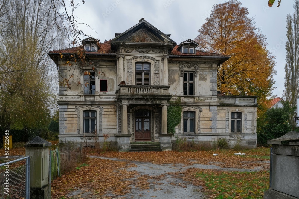 Hauntingly beautiful abandoned manor with overgrown foliage in the fall season Hauntingly beautiful abandoned manor with overgrown foliage in the fall season
