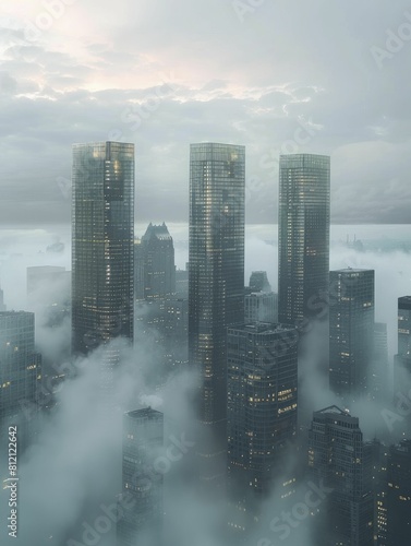Financial Illusions, Coin skyscrapers loom over a foggy, surreal cityscape.