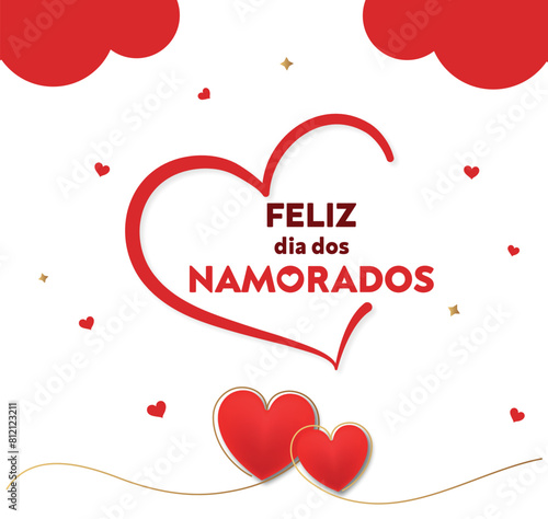 Feliz Dia dos Namorados! Happy Valentines Day. Brazilian Portuguese Hand Lettering Calligraphy. Vector