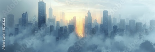 In the misty urban dream, coin structures mirror skyscrapers in a surreal display of wealth.