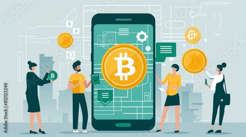 the concept of digital currency and cryptocurrency, with an image of people using mobile wallets to make transactions with Bitcoin or other cryptocurrencies