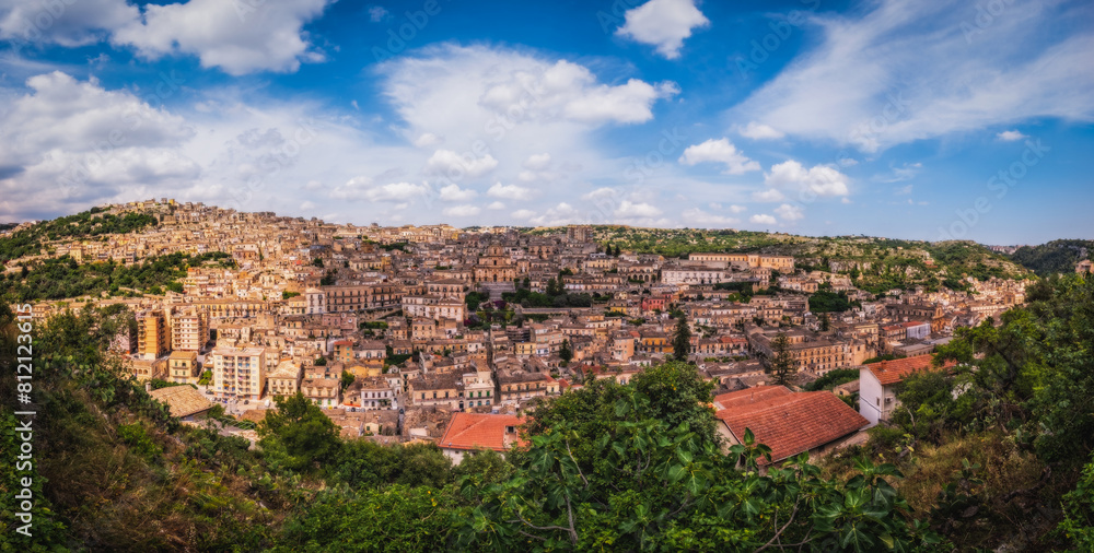 Fototapeta premium Italy, Sicily, Modica Ragusa Province , panoramic view of the baroque town. June 2023