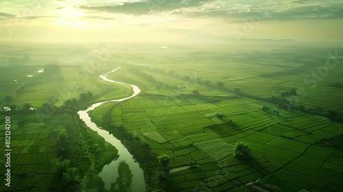 lush green agricultural fields with winding river aerial perspective matte painting landscape