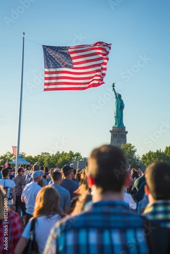 pride of a nation: the Statue of Liberty stands tall against a backdrop of clear blue skies, American flag waves proudly, crowd gathers to celebrating independence day.