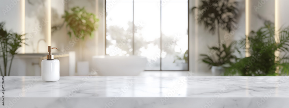 Empty marble table top for product display with blurred bathroom interior background, 3D render illustration.
Empty marble table top for product display with blurred bathroom interior background, 3D render illustration.