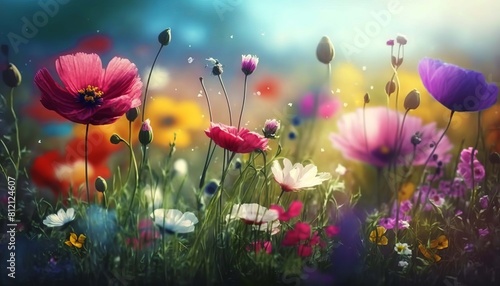 Colorful flower meadow in spring. Generative AI, © Milena