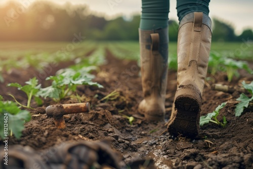 The close up picture of the farmer is walking inside the farm while wearing the dirty boots  the farmer require skill like soil knowledge  farm management  weather monitoring and the marketing. AIG43.