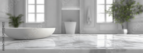 Empty marble table top for product display with blurred bathroom interior background  3D render illustration. 