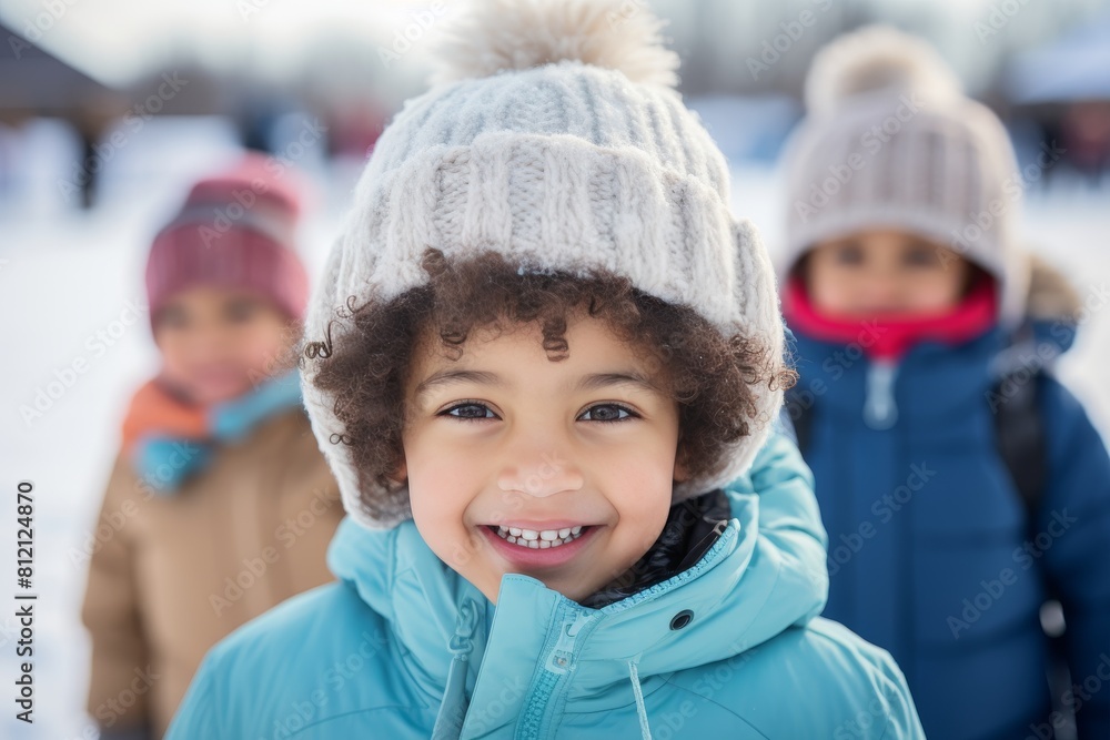 Excited multiracial children laughing and skating together on a lively outdoor rink Excited multiracial children laughing and skating together on a lively outdoor rink