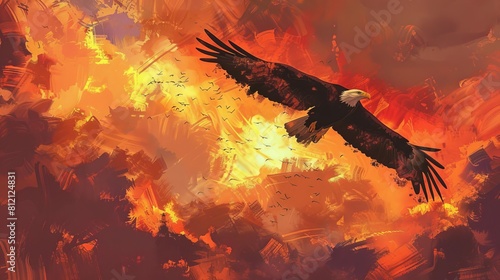 majestic eagle soars through fiery sunset sky digital painting