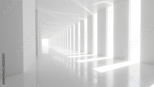 A minimalist, white corridor with repeating columns and bright natural light. Created with Generative AI