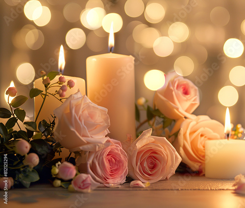 Lighted candles with beautiful flowers on a beige table. Soft light candles against blurred lights in the background in anniversary celebration.