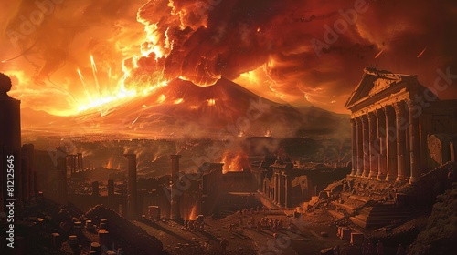 The eruption of Mount Vesuvius  A fiery scene of Mount Vesuvius erupting  burying the Roman city of Pompeii in ash.