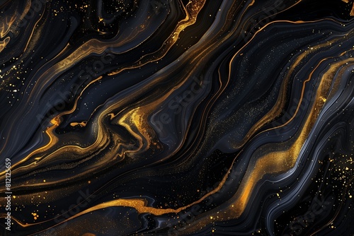 Black marbleized effect. Natural Luxury art in Eastern style. Golden swirl, artistic design. Painter uses vibrant paints to create these magic art, with addition golden glitters, lines.