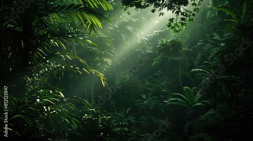Dark rainforest  sun rays through the trees  rich jungle greenery