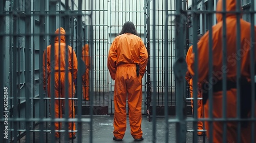 Inmates in orange jumpsuits stand in a gloomy jail corridor, enclosed by metal bars, embodying the stark reality of prison life. Created with Generative AI photo
