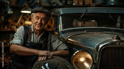 The picture of the adult mechanic looking at the camera with the vintage car in the automobile workshop that use for checking and repairing the various vehicle that need to use the experience. AIG43.