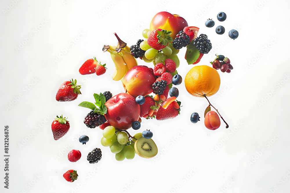 Colorful fruits suspended mid-air against a pristine white background, creating a dynamic and vibrant composition Colorful fruits suspended mid-air against a pristine white background, creating a dynamic and vibrant composition