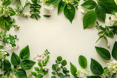 Creative layout made of green leaves and flowers. Flat lay. Nature background