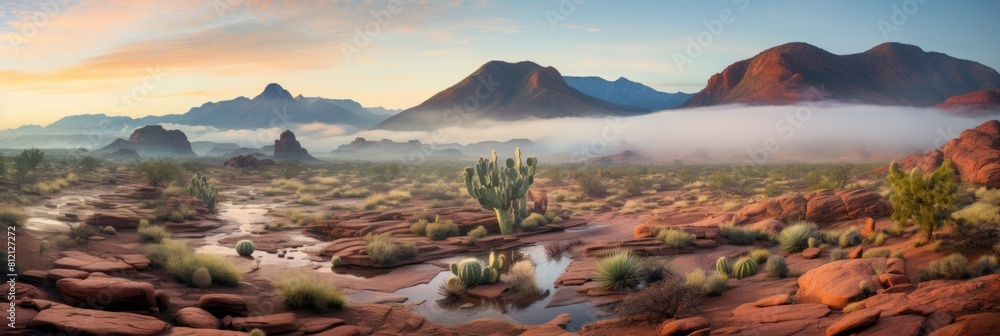 Fototapeta premium mist filled desert valley at sunset, red rock, blooming cacti