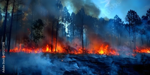 Forest fires create walls of smoke causing air pollution and environmental damage. Concept Wildfires and Air Quality  Environmental Impact  Forest Conservation  Smoke Hazards  Climate Change