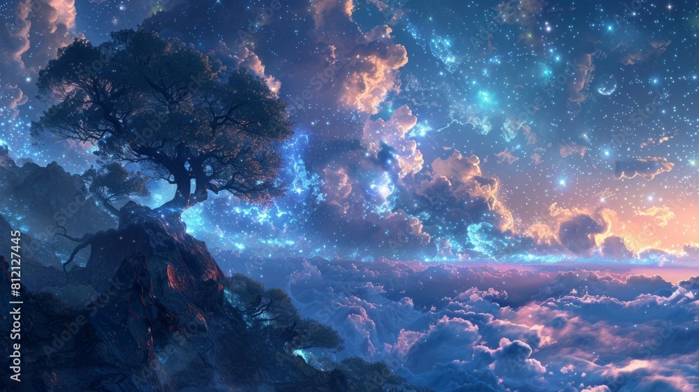 The image is a beautiful landscape of a tree on a cliff overlooking a sea of clouds The image is a beautiful landscape of a tree on a cliff overlooking a sea of clouds