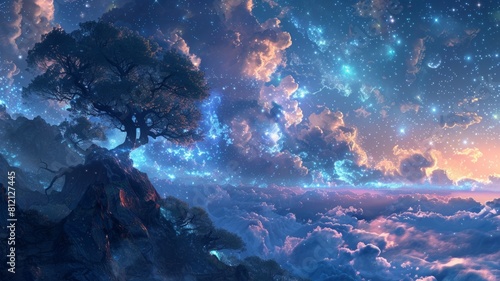 The image is a beautiful landscape of a tree on a cliff overlooking a sea of clouds