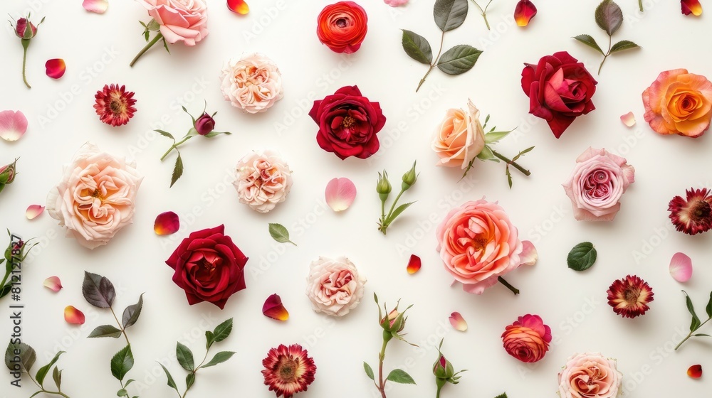 An overhead photo capturing vibrant roses and delicate petals set against a crisp white backdrop An overhead photo capturing vibrant roses and delicate petals set against a crisp white backdrop
