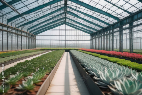 Spacious greenhouse filled with rows of fresh plants under a glass roof