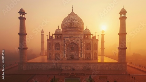 The historic Taj Mahal in India bathed in golden morning light, showcasing its intricate details.